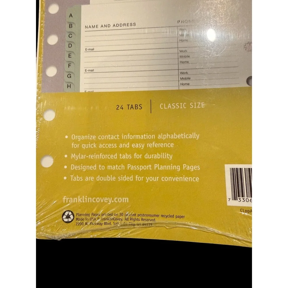 FranklinCovey Classic Size Address Phone Tabs 24 Tabs 5.5x8.5 7-Hole Punched NEW